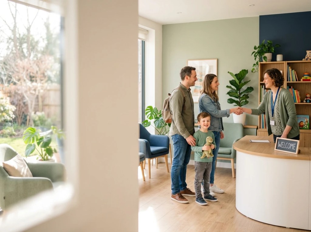 A mother, father, and young son holding a plush dinosaur stand at a curved wooden reception desk, where the mother shakes hands with a welcoming female clinic employee behind a "WELCOME" sign.